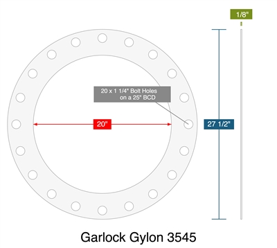 Garlock Gylon 3545 - Full Face Gasket -  1/8" Thick - 20" ID - 27.5" OD - 20 x 1.25" Holes on a 25" Bolt Circle Diameter