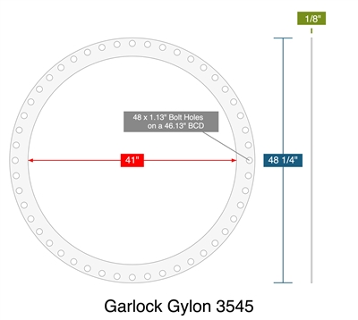Garlock Gylon 3545 -  1/8" Thick - Full Face Gasket - 41" ID - 48.25" OD - 48 x 1.13" Holes on a 46.13" Bolt Circle Diameter