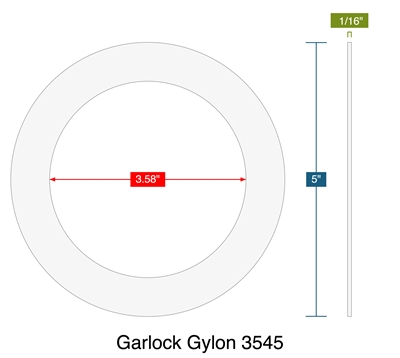 Garlock Gylon 3545 - Ring Gasket -  1/16" Thick - 3.58" ID - 5" OD