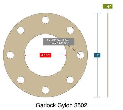 Garlock Gylon 3502 -  1/8" Thick - Full Face Gasket - 150 Lb. - 4" - O2 Service