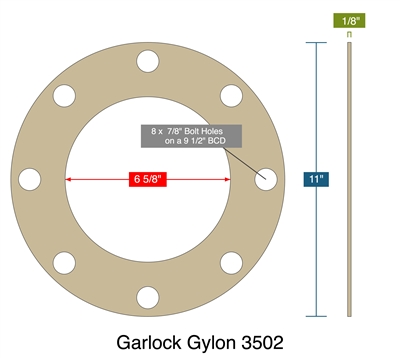 Garlock Gylon 3502 -  1/8" Thick - Full Face Gasket - 150 Lb. - 6" - O2 Service