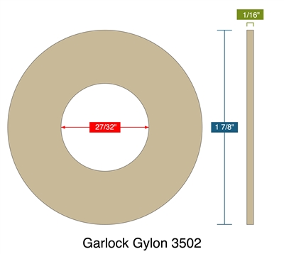 Garlock Gylon 3502 - Cleaned for O2 Service -  1/8" Thick - Ring Gasket - 150 Lb. - 0.5"