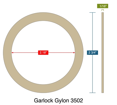Garlock Gylon 3502 - Cleaned for Oxygen Service-  1/16" Thick - Ring Gasket - 2.18" ID - 2.75" OD