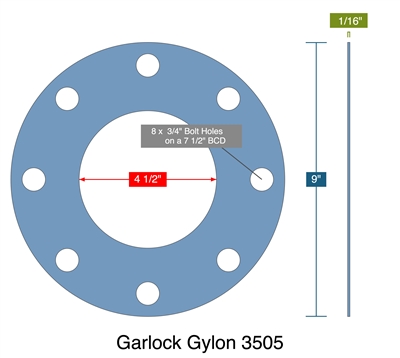 Garlock Gylon 3505 -  1/16" Thick - Full Face Gasket - 150 Lb. - 4"