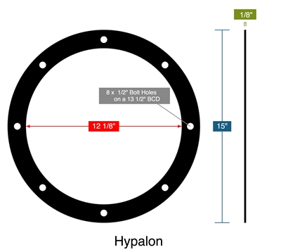 Hypalon -  1/8" Thick - Full Face Gasket - 12.125" ID - 15" OD - 8 x .5" Holes on a 13.5" Bolt Circle Diameter