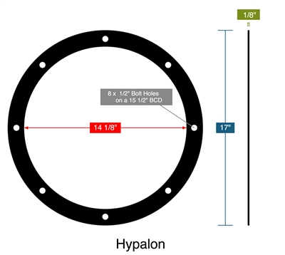 Hypalon -  1/8" Thick - Full Face Gasket - 14.125" ID - 17" OD - 8 x .5" Holes on a 15.5" Bolt Circle Diameter
