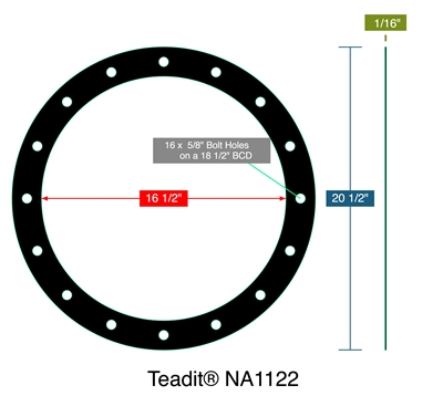 Teaditï¿½ NA1122 -  1/16" Thick - Full Face Gasket - 16.5" ID - 20.5" OD - 16 x .625" Holes on a 18.5" Bolt Circle Diameter