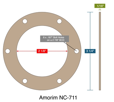 Amorim NC-711 -  1/16" Thick - Full Face Gasket - 2.125" ID - 3.25" OD - 6 x .187" Holes on a 2.875" Bolt Circle Diameter