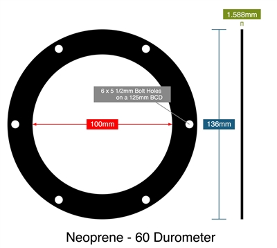 Neoprene - AMS 3209 - 1.59mm Thick - Full Face Gasket - 100mm ID - 136mm OD - 6 x 5.5mm Holes on a 125mm Bolt Circle Diameter