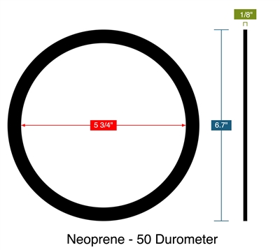 Neoprene - 50 Durometer -  1/8" Thick - Ring Gasket - 5.75" ID - 6.7" OD