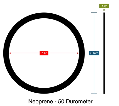 Neoprene - 50 Durometer -  1/8" Thick - Ring Gasket - 7.4" ID - 8.62" OD
