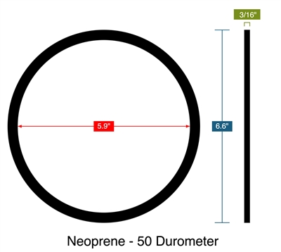 Neoprene - 50 Durometer -  3/16" Thick - Ring Gasket - 5.9" ID - 6.6" OD