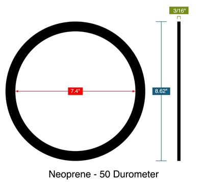 Neoprene - 50 Durometer -  3/16" Thick - Ring Gasket - 7.4" ID - 8.62" OD
