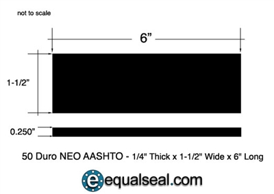 Neoprene 50 Duro AASHTO Grade Bearing Pad 1/4" Thick x 1-1/2" wide x 6" Long