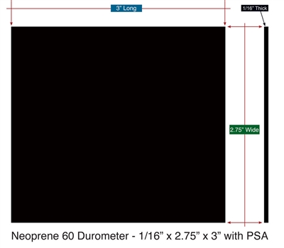 Neoprene 60 Durometer - 1/16" Thick x 2.75" x 3" Custom Pad w / PSA