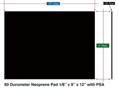 Neoprene 60 Durometer - 1/8" Thick x 9" x 12" Pads / PSA