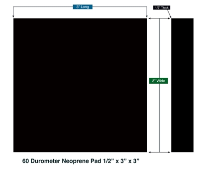 Neoprene 60 Durometer - 1/2" Thick x 3" x 3" Custom Pad