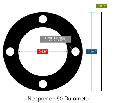 Neoprene - 60 Durometer -  1/16" Thick - Full Face Gasket - 2.625" ID - 4.25" OD - 4 x .4375" Holes on a 3.5" Bolt Circle Diameter