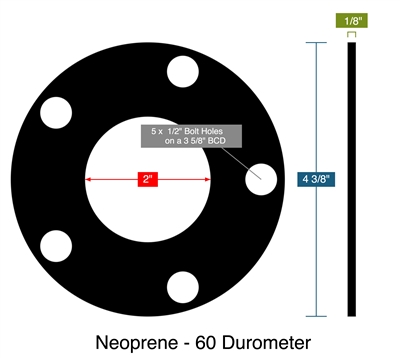 Neoprene - 60 Durometer -  1/8" Thick - Full Face Gasket - 2" ID - 4.375" OD - 5 x .25" Holes on a 3.625" Bolt Circle Diameter