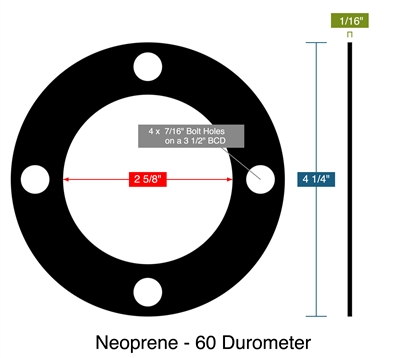 Neoprene with PSA - 60 Durometer -  1/16" Thick - Full Face Gasket - 2.625" ID - 4.25" OD - 4 x .4375" Holes on a 3.5" Bolt Circle Diameter