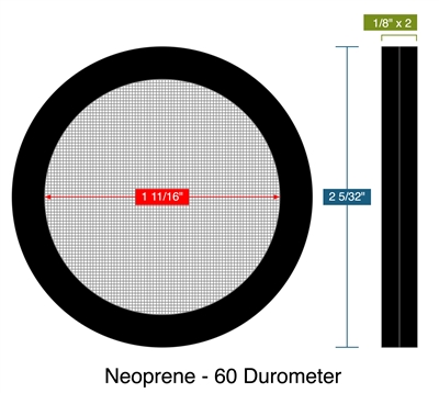 Neoprene - 60 Durometer -  2 x 1/8" Thick (1/4" total thickness) - Ring Strainer Gasket - 20 Mesh -1.6875" ID - 2.15625" OD