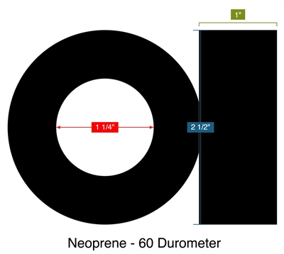 Neoprene - 60 Durometer - 1" Thick - Ring Gasket - 1.25" ID - 2.5" OD