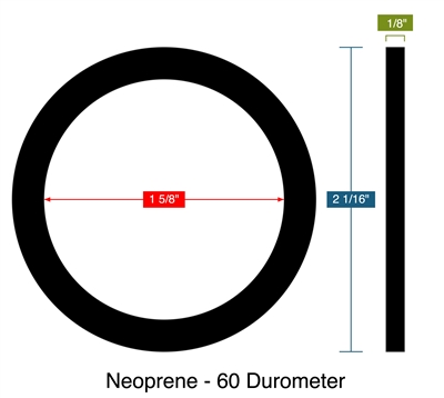 Neoprene - 60 Durometer -  1/8" Thick - Ring Gasket - 1.625" ID - 2.0625" OD