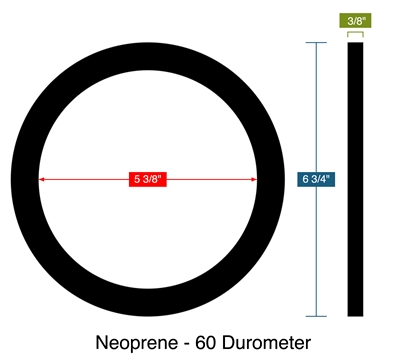 Neoprene - 60 Durometer -  3/8" Thick - Ring Gasket - 5.375" ID - 6.75" OD