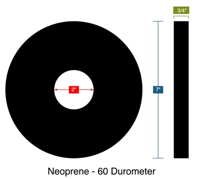 Neoprene - 60 Durometer -  3/4" Thick - Ring Gasket - 2" ID - 7" OD