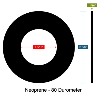 Neoprene - 80 Durometer -  1/16" Thick - Ring Gasket - 150 Lb. - 1"