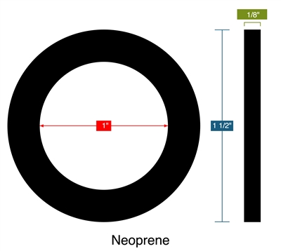 80 Durometer Neoprene Ring Gasket - 1" ID x 1.5" OD x 1/8" Thick