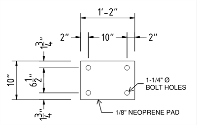 Neoprene - 60 Durometer - 1/8" Thick - 10" x 14" - 4 x 1.25"  Bolt Holes