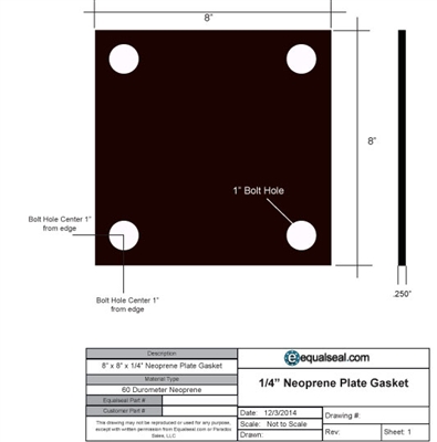 60 Duro Neoprene Plate Gasket With Holes - 1/4" Thick x 8" x 8"