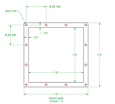 Neoprene with PSA - 50 Durometer -  1/8" Thick - Frame Gasket -  12" x 12" Inner - 14" x 14" Outer - 10 x 3/8" Bolt Holes