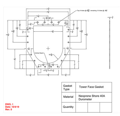 Neoprene - 40 Durometer -  1/4" Thick - 21.75" x 24.06" Tower Face Gasket Per Drawing