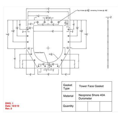 Neoprene - 40 Durometer -  3/8" Thick - 21.75" x 24.06" Tower Face Gasket Per Drawing