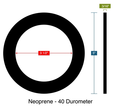 Neoprene - 40 Durometer -  3/16" Thick - Ring Gasket - 3.5" ID - 5" OD