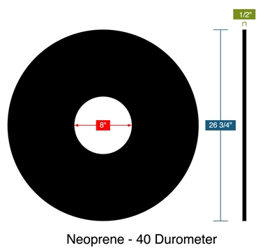 Neoprene - 40 Durometer -  1/2" Thick - Ring Gasket - 8" ID - 26.75" OD
