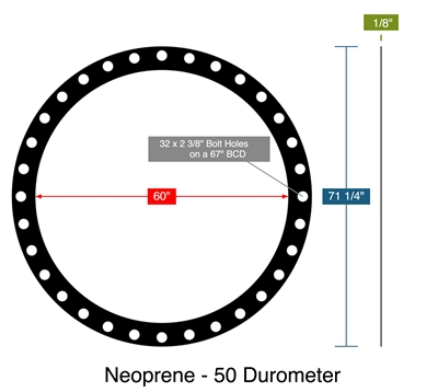 Neoprene - 50 Durometer - Full Face Gasket -  1/8" Thick - 60" ID - 71.25" OD - 32 x 2.375" Holes on a 67" Bolt Circle Diameter