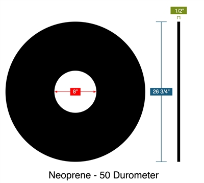 Neoprene - 50 Durometer -  1/2" Thick - Ring Gasket - 8" ID - 26.75" OD