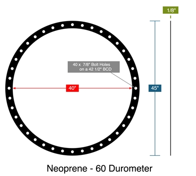 Neoprene - 60 Durometer -  1/8" Thick - Full Face Gasket - 40" ID - 45" OD - 40 x .875" Holes on a 42.5" Bolt Circle Diameter