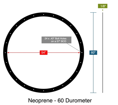 Neoprene - 60 Durometer - Full Face Gasket -  1/8" Thick - 54" ID - 60" OD - 24 x .43" Holes on a 57" Bolt Circle Diameter