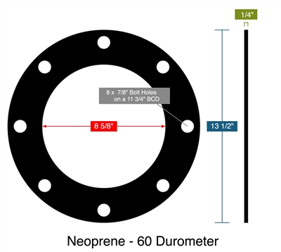 Neoprene - 60 Durometer - Full Face Gasket -  1/4" Thick - 8.625" ID - 13.5" OD - 8 x 0.875" Holes on a 11.75" Bolt Circle Diameter