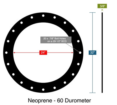 Neoprene - 60 Durometer -  3/8" Thick - Full Face Gasket - 24" ID - 32" OD - 20 x .875" Holes on a 29.5" Bolt Circle Diameter