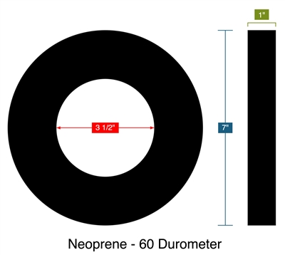 Neoprene - 60 Durometer - 1" Thick - Ring Gasket - 3.5" ID - 7" OD