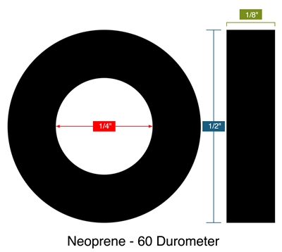 Neoprene - 60 Durometer -  1/8" Thick - Ring Gasket - .25" ID - .50" OD