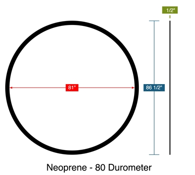 Neoprene - 80 Durometer -  1/2" Thick - Ring Gasket - 81" ID - 86.5" OD (4 pc Segmented)