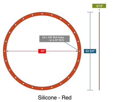 Red Silicone Rubber - 50 Duro 24 Hole FF Gasket - 3/16" Thick - 40" ID x 43.75" OD