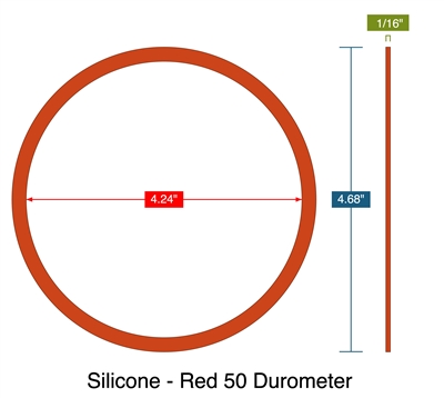 Silicone - Red 50 Durometer -  1/16" Thick - Ring Gasket - 4.24" ID - 4.68" OD