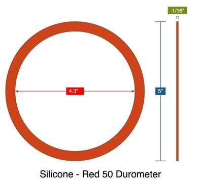 Silicone - Red 50 Durometer -  1/16" Thick - Ring Gasket - 4.30" ID - 5" OD